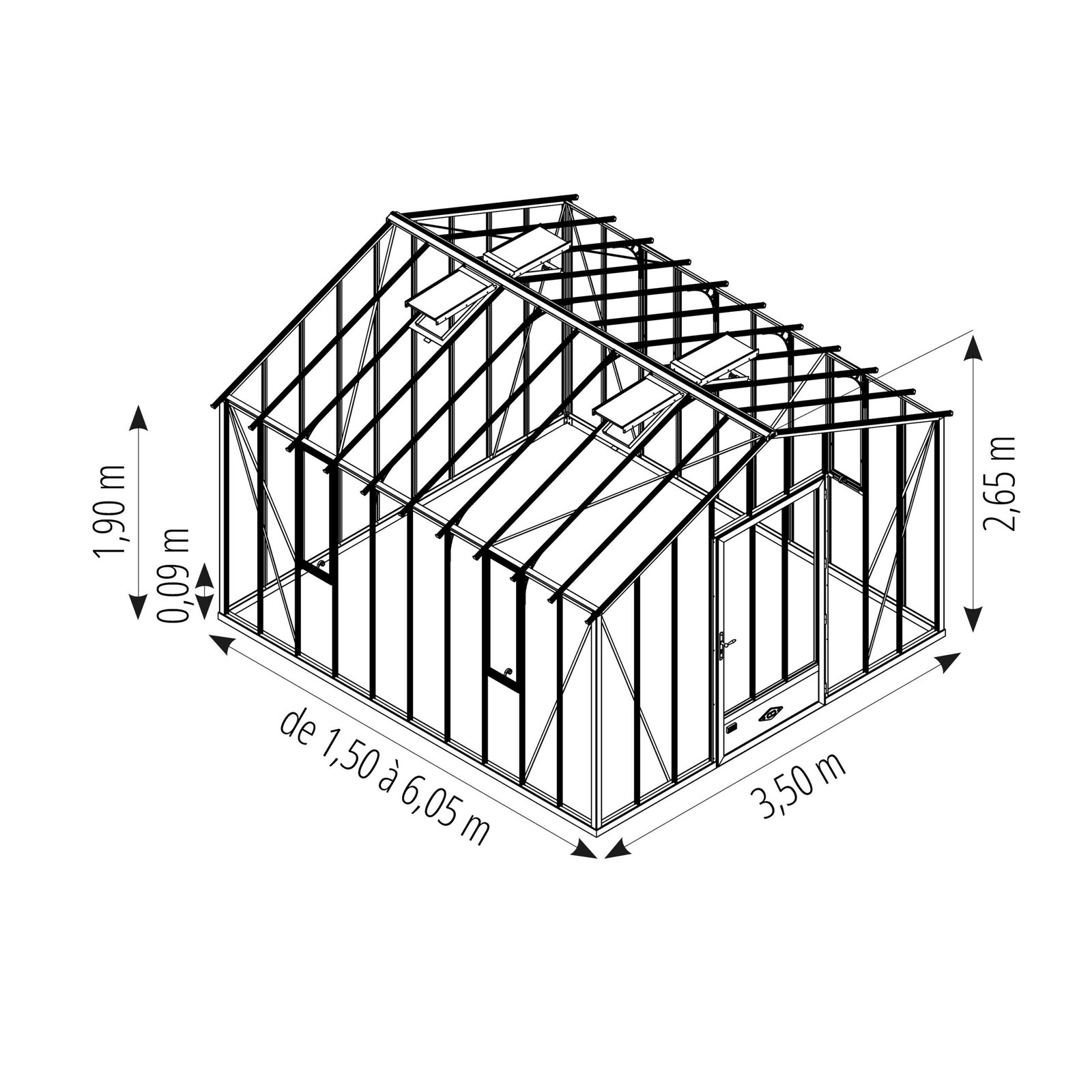 Invernadero auténtico, de 3,50 m de ancho, sobre una base de aluminio.