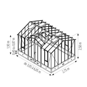 Invernadero de Antaño Clásico de 2,75m de ancho, con ventana abuhardillada sobre base de aluminio.